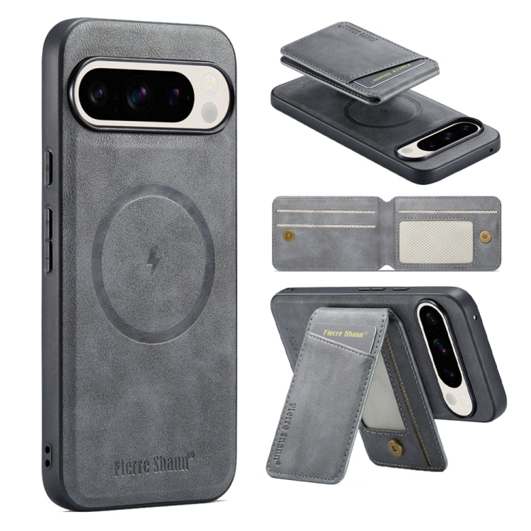 For Google Pixel 9 Fierre Shann Cowhide Vertical Flip Magnetic Card Holder Phone Case(Grey)