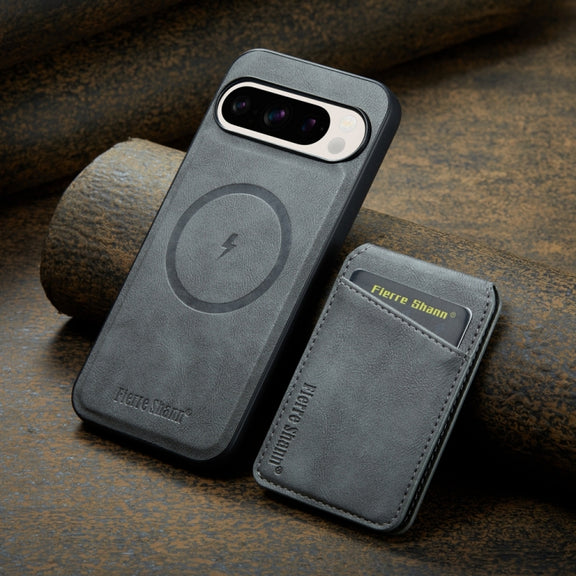 For Google Pixel 9 Fierre Shann Cowhide Vertical Flip Magnetic Card Holder Phone Case(Grey)