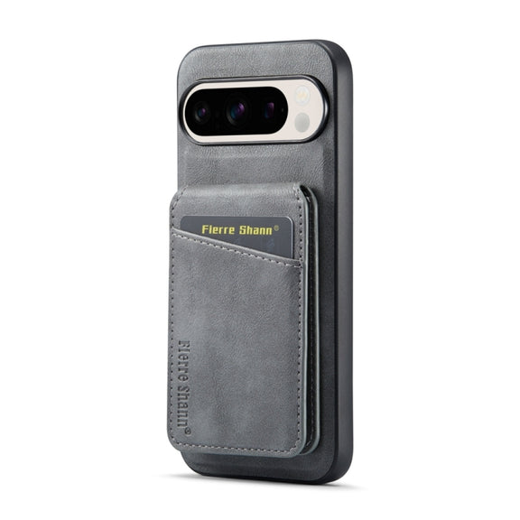 For Google Pixel 9 Fierre Shann Cowhide Vertical Flip Magnetic Card Holder Phone Case(Grey)