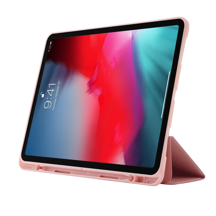 For iPad Pro 11 2024 Skin Feel Tri-fold Leather Tablet Case with Pen Slot(Pink)