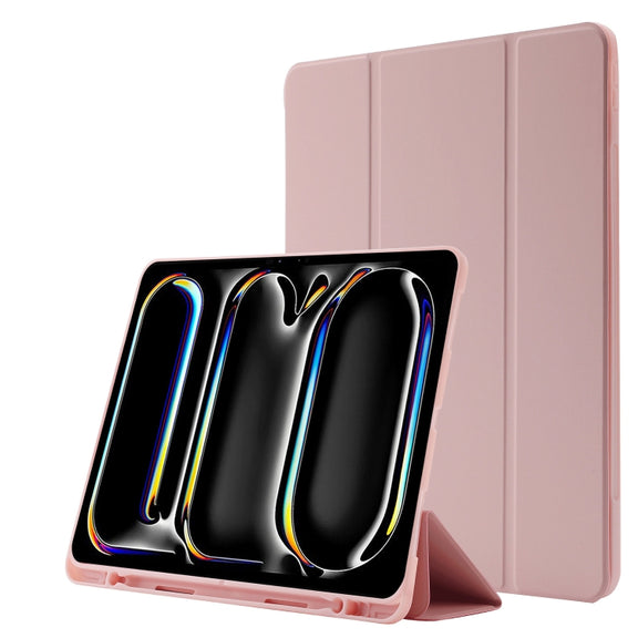 For iPad Pro 11 2024 Skin Feel Tri-fold Leather Tablet Case with Pen Slot(Pink)