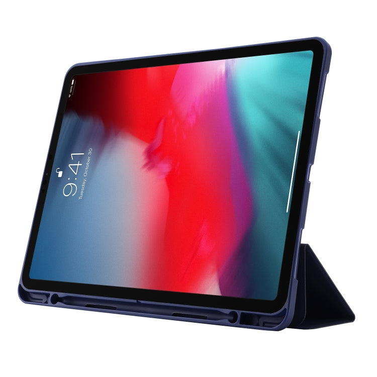 For iPad Pro 11 2024 Skin Feel Tri-fold Leather Tablet Case with Pen Slot(Dark Blue)