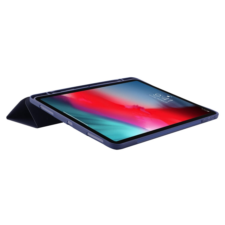 For iPad Pro 11 2024 Skin Feel Tri-fold Leather Tablet Case with Pen Slot(Dark Blue)