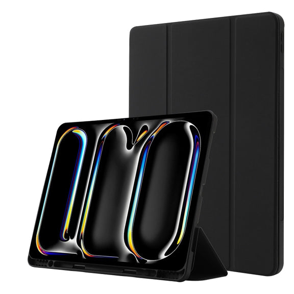 For iPad Pro 11 2024 Skin Feel Tri-fold Leather Tablet Case with Pen Slot(Black)