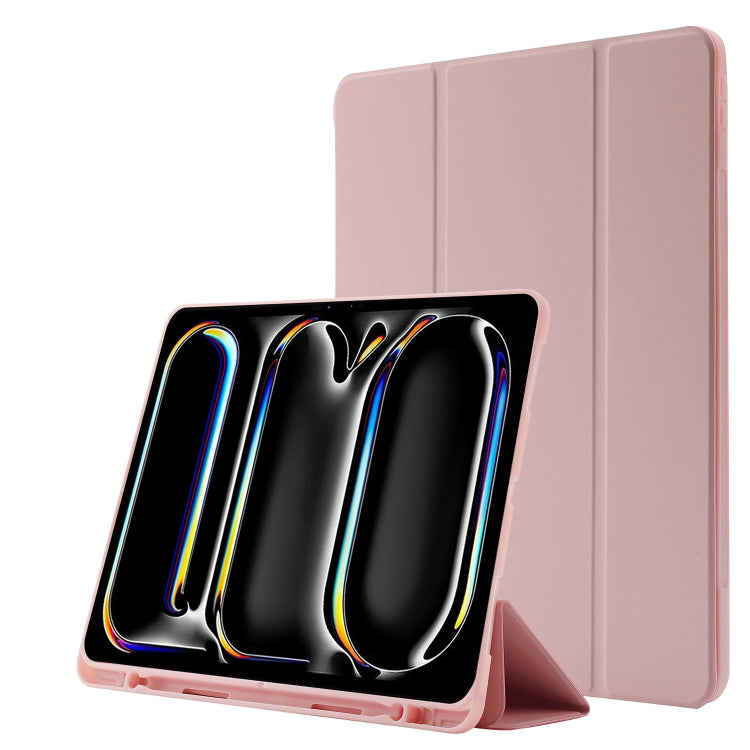 For iPad Pro 13 2024 Skin Feel Tri-fold Leather Tablet Case with Pen Slot(Pink)