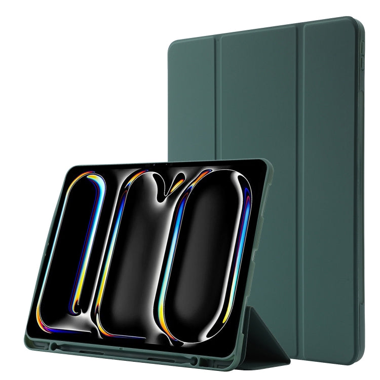 For iPad Pro 13 2024 Skin Feel Tri-fold Leather Tablet Case with Pen Slot(Dark Green)
