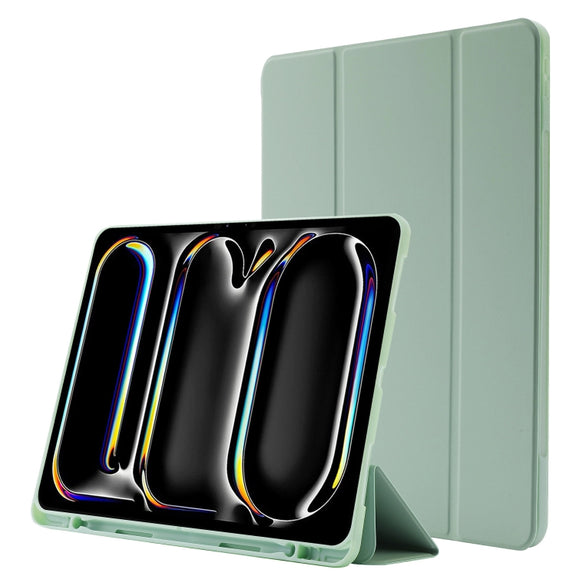 For iPad Pro 13 2024 Skin Feel Tri-fold Leather Tablet Case with Pen Slot(Matcha Green)