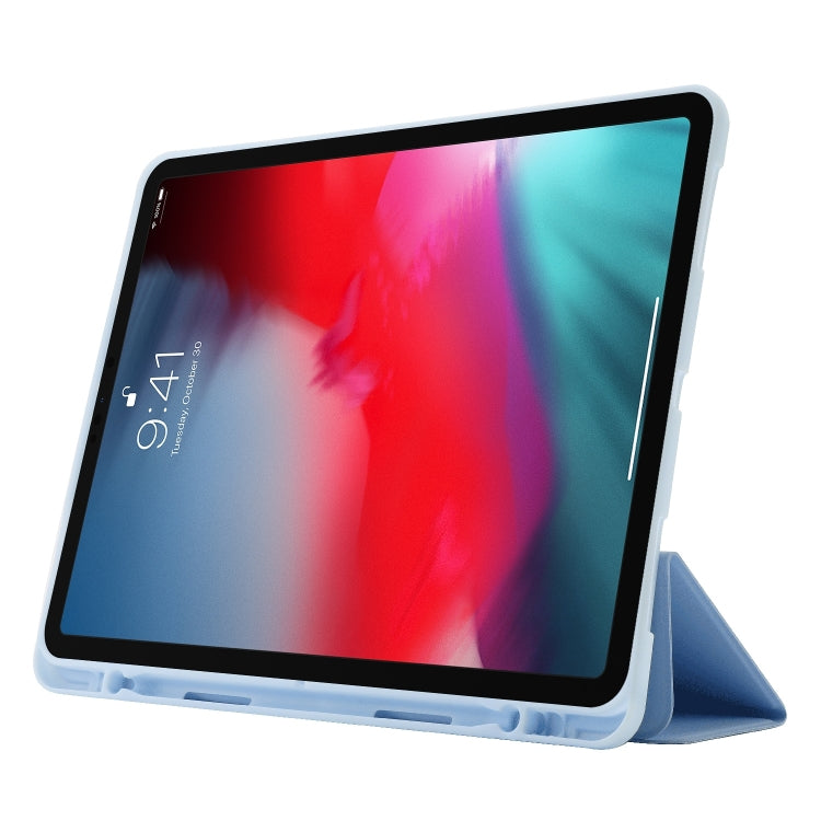 For iPad Air 11 2024 Skin Feel Tri-fold Leather Tablet Case with Pen Slot(Light Blue)