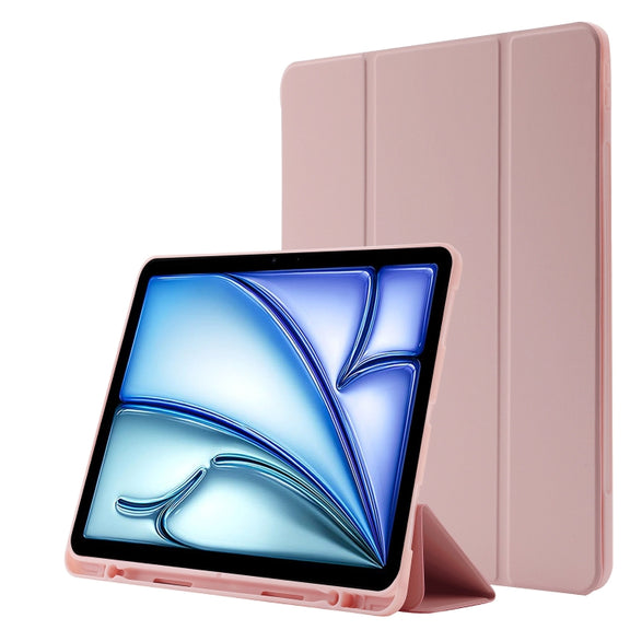 For iPad Air 11 2025 / 2024 Skin Feel Tri-fold Leather Tablet Case with Pen Slot(Pink)