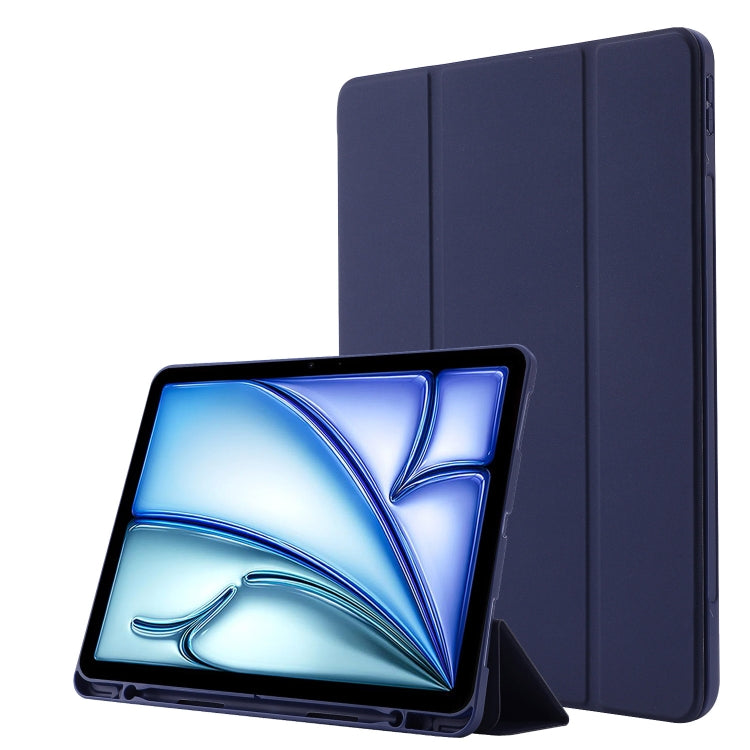 For iPad Air 11 2025 / 2024 Skin Feel Tri-fold Leather Tablet Case with Pen Slot(Dark Blue)