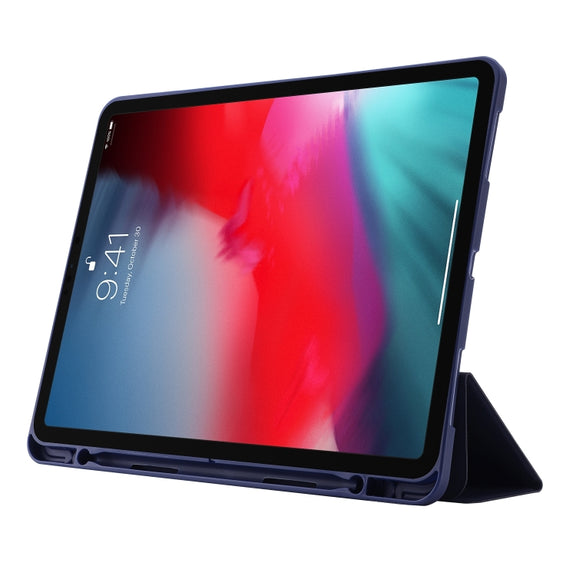 For iPad Air 11 2025 / 2024 Skin Feel Tri-fold Leather Tablet Case with Pen Slot(Dark Blue)