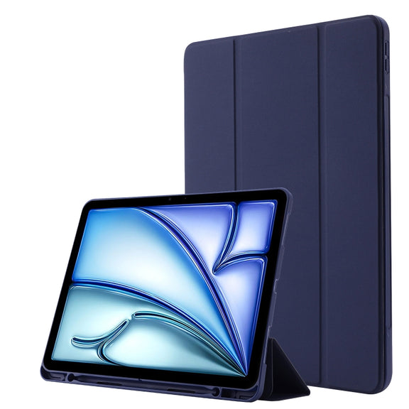 For iPad Air 11 2025 / 2024 Skin Feel Tri-fold Leather Tablet Case with Pen Slot(Dark Blue)