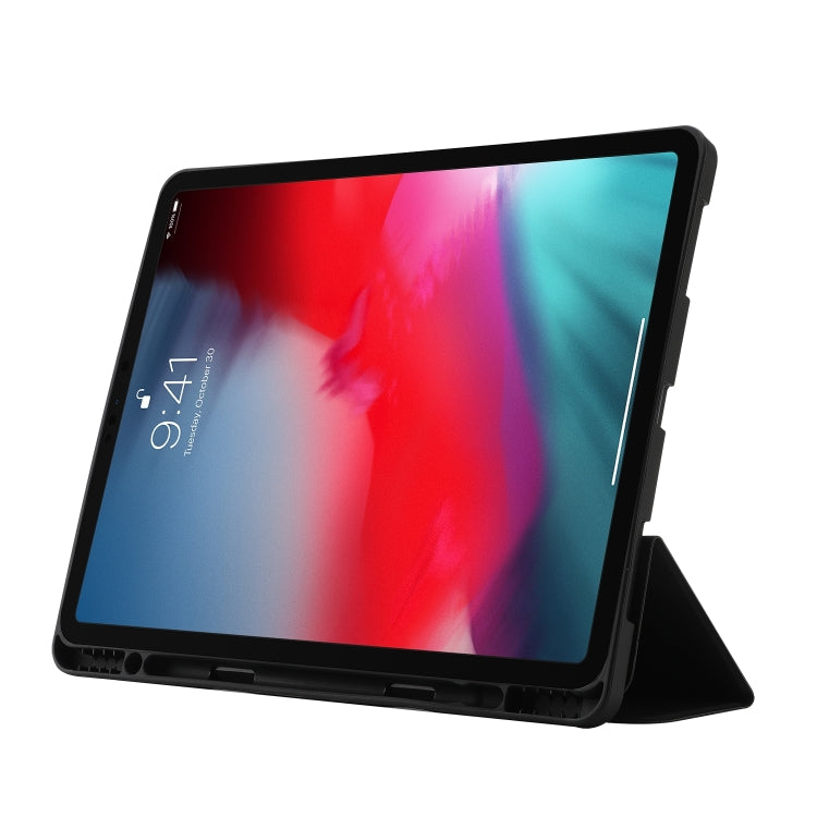 For iPad Air 13 2024 Skin Feel Tri-fold Leather Tablet Case with Pen Slot(Black)