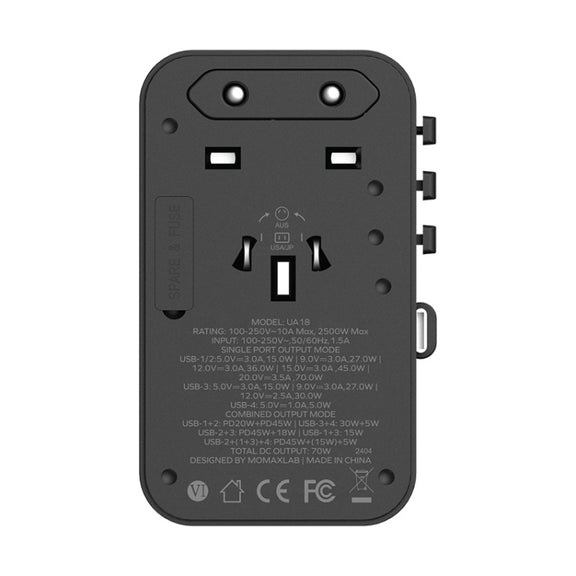 MOMAX 1-World+ 70W Gallium Nitride Expansion Cable Global Conversion Socket Power Adapter(Black)
