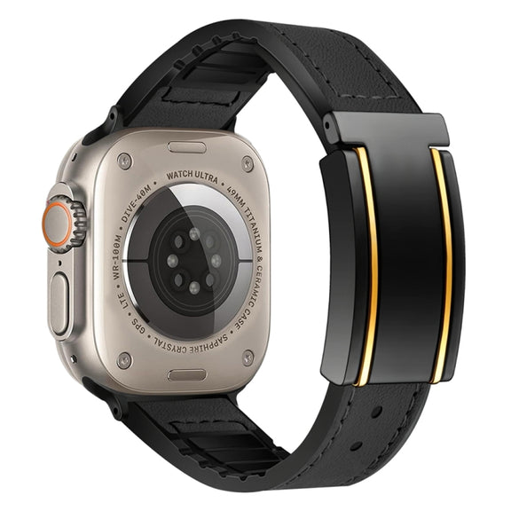 For Apple Watch Ultra 49mm Trapezoid Fold Magnetic Buckle Silicone PU Watch Band(Black Gold)