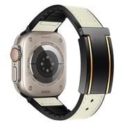 For Apple Watch Ultra 49mm Trapezoid Fold Magnetic Buckle Silicone PU Watch Band(Beige Gold)