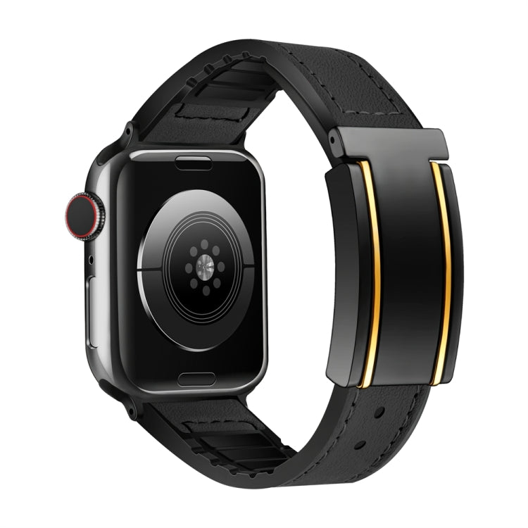 For Apple Watch 38mm Trapezoid Fold Magnetic Buckle Silicone PU Watch Band(Black Gold)