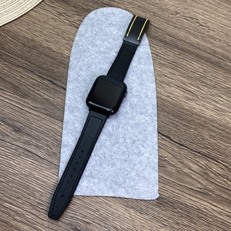 For Apple Watch 38mm Trapezoid Fold Magnetic Buckle Silicone PU Watch Band(Black Gold)