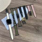 For Apple Watch 42mm Trapezoid Fold Magnetic Buckle Silicone PU Watch Band(Beige Gold)