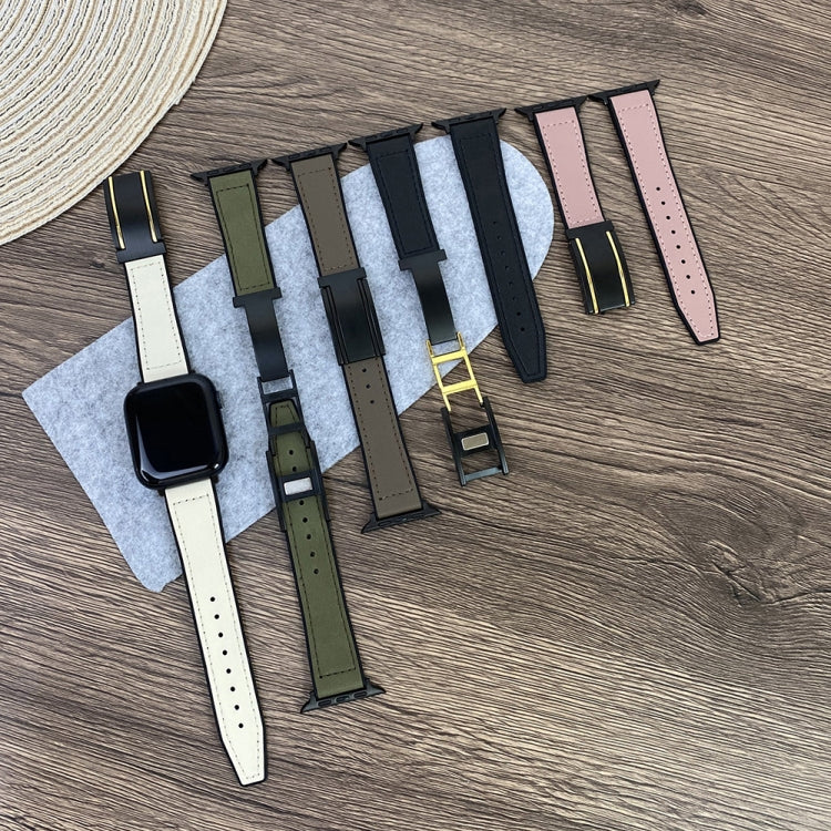 For Apple Watch 38mm Trapezoid Fold Magnetic Buckle Silicone PU Watch Band(Black Gold)