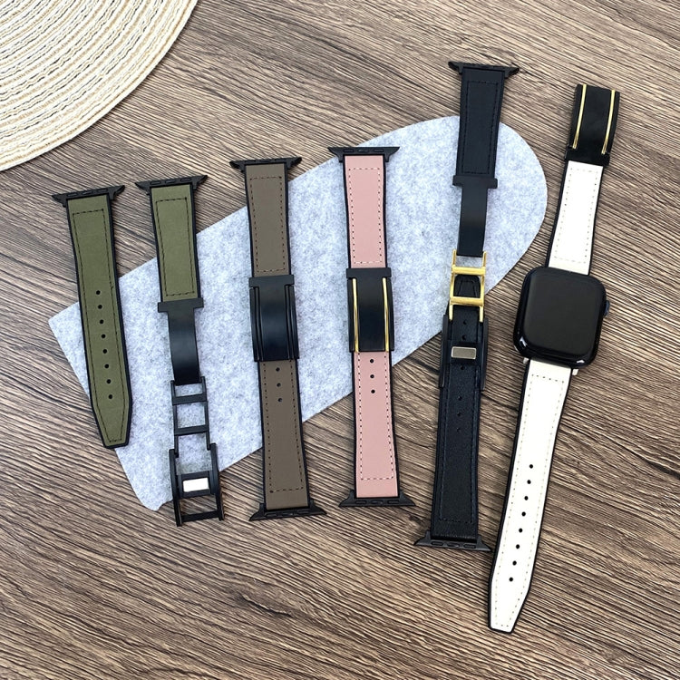 For Apple Watch 42mm Trapezoid Fold Magnetic Buckle Silicone PU Watch Band(Black Gold)