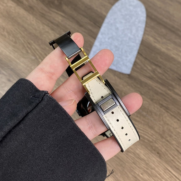 For Apple Watch 38mm Trapezoid Fold Magnetic Buckle Silicone PU Watch Band(Beige Gold)