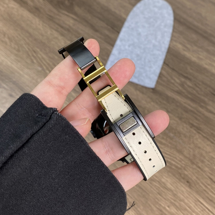 For Apple Watch 38mm Trapezoid Fold Magnetic Buckle Silicone PU Watch Band(Black Gold)