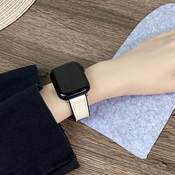 For Apple Watch 42mm Trapezoid Fold Magnetic Buckle Silicone PU Watch Band(Black Gold)