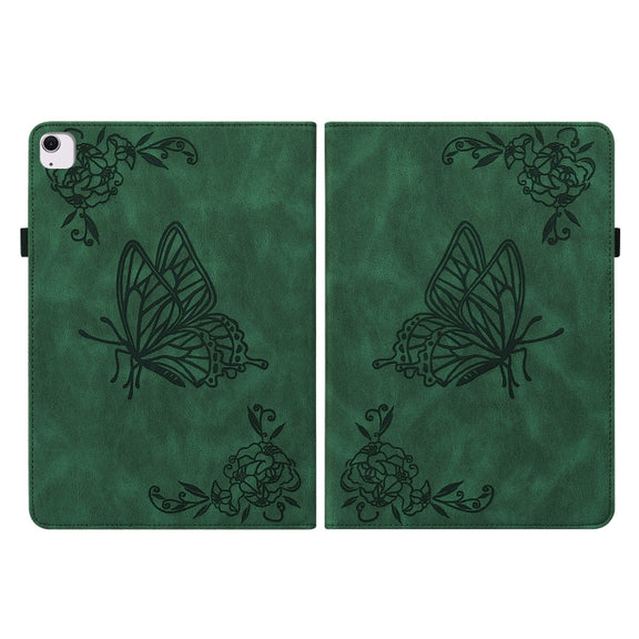 For iPad Air 11 2024 Butterfly Flower Embossed Leather Tablet Case(Green)