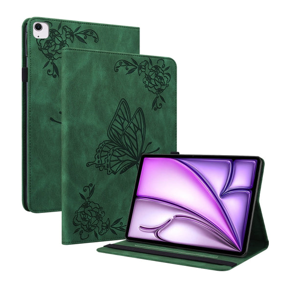 For iPad Air 11 2024 Butterfly Flower Embossed Leather Tablet Case(Green)