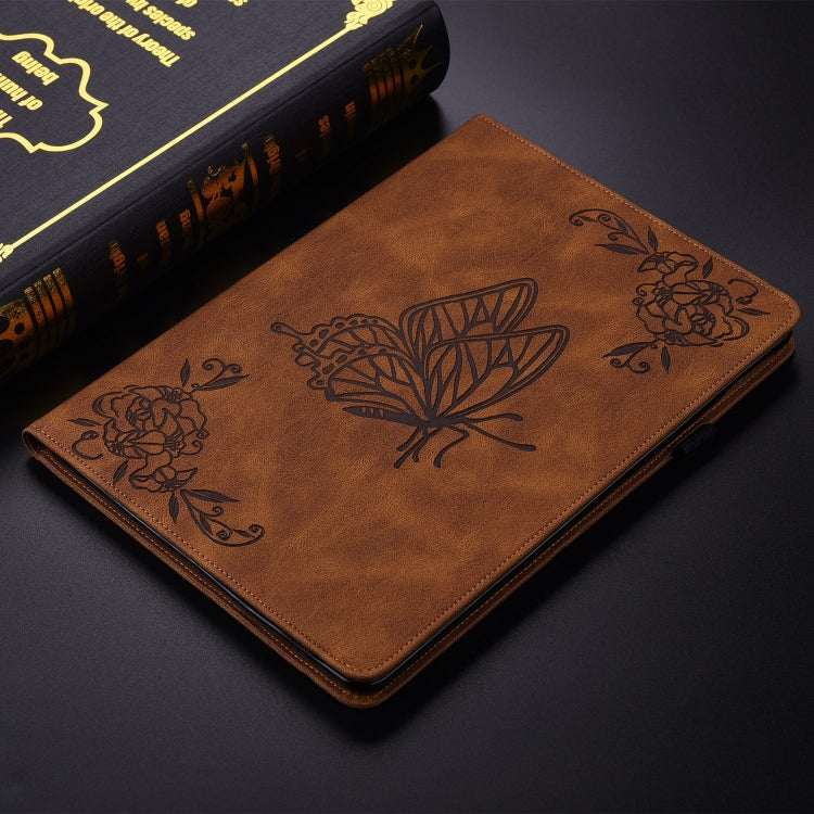 For iPad Air 11 2024 Butterfly Flower Embossed Leather Tablet Case(Brown)