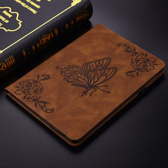 For iPad Air 11 2024 Butterfly Flower Embossed Leather Tablet Case(Brown)