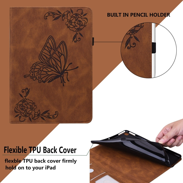 For iPad Air 11 2024 Butterfly Flower Embossed Leather Tablet Case(Brown)