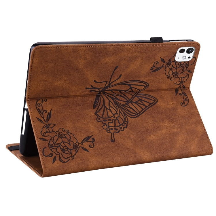 For iPad Pro 11 2024 Butterfly Flower Embossed Leather Tablet Case(Brown)