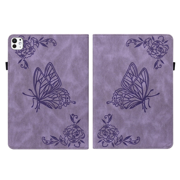 For iPad Pro 11 2024 Butterfly Flower Embossed Leather Tablet Case(Purple)