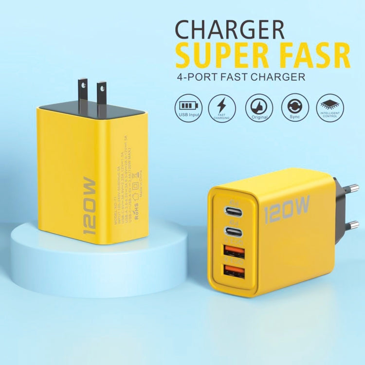 KO-71 120W Dual PD Type-C + Dual QC3.0 USB Multi Ports Charger, Plug:EU Plug(Yellow)