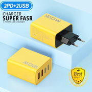 KO-71 120W Dual PD Type-C + Dual QC3.0 USB Multi Ports Charger, Plug:EU Plug(Yellow)