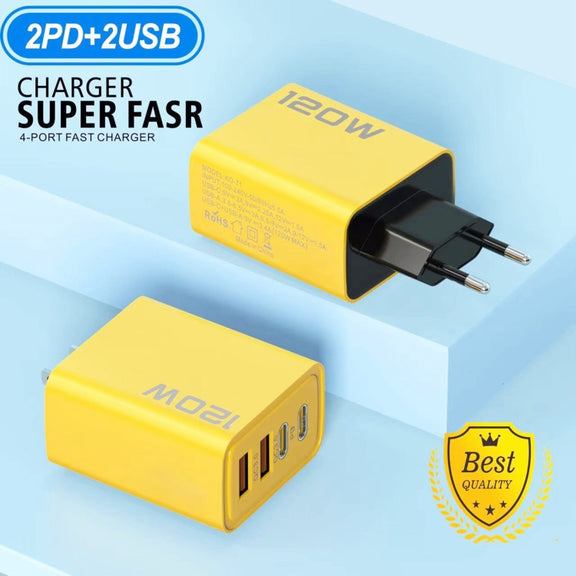 KO-71 120W Dual PD Type-C + Dual QC3.0 USB Multi Ports Charger, Plug:EU Plug(Yellow)