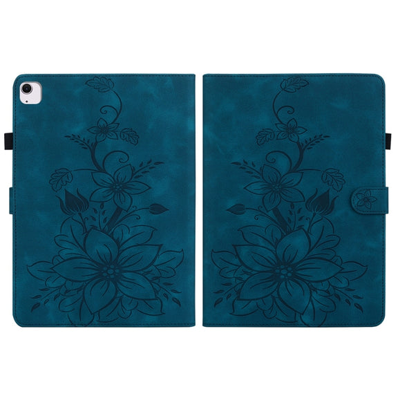 For iPad Air 13 2024 Lily Embossed Leather Smart Tablet Case(Dark Blue)