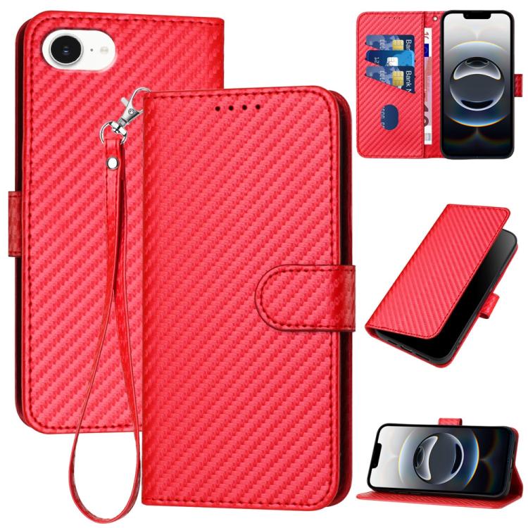 For iPhone 16e YX0070 Carbon Fiber Buckle Leather Phone Case with Lanyard(Red)
