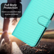 For iPhone 16e YX0070 Carbon Fiber Buckle Leather Phone Case with Lanyard(Light Blue)