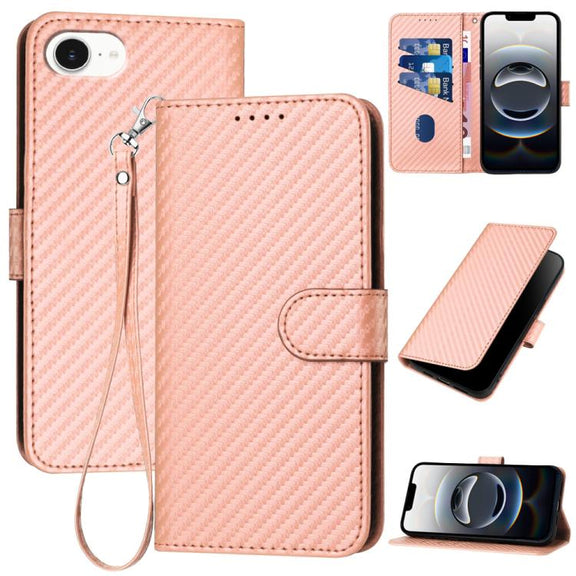 For iPhone 16e YX0070 Carbon Fiber Buckle Leather Phone Case with Lanyard(Pink)