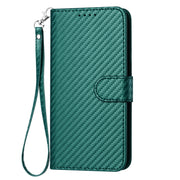 For iPhone 16 Plus YX0070 Carbon Fiber Buckle Leather Phone Case with Lanyard(Dark Green)