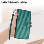 For iPhone 16 Plus YX0070 Carbon Fiber Buckle Leather Phone Case with Lanyard(Dark Green)