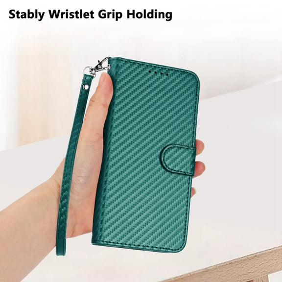 For iPhone 16 Plus YX0070 Carbon Fiber Buckle Leather Phone Case with Lanyard(Dark Green)