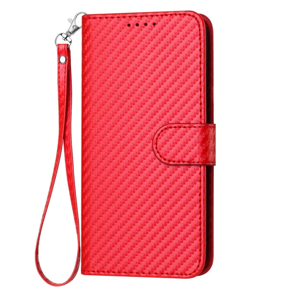For iPhone 16 YX0070 Carbon Fiber Buckle Leather Phone Case with Lanyard(Red)