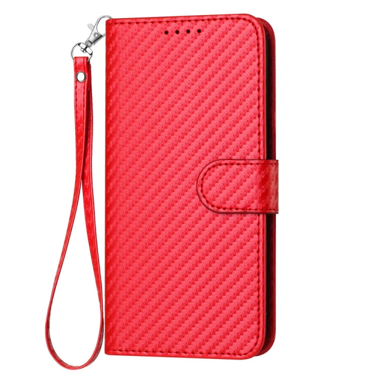 For iPhone 16 YX0070 Carbon Fiber Buckle Leather Phone Case with Lanyard(Red)