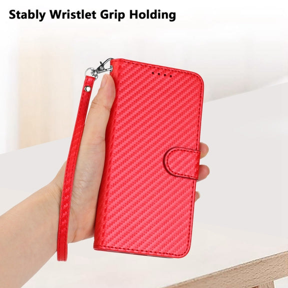 For iPhone 16 YX0070 Carbon Fiber Buckle Leather Phone Case with Lanyard(Red)