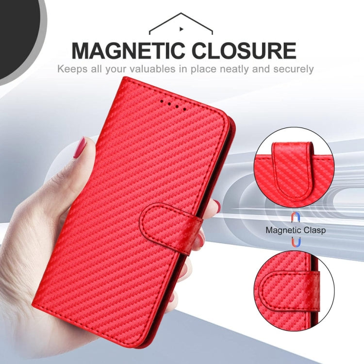 For iPhone 16 YX0070 Carbon Fiber Buckle Leather Phone Case with Lanyard(Red)