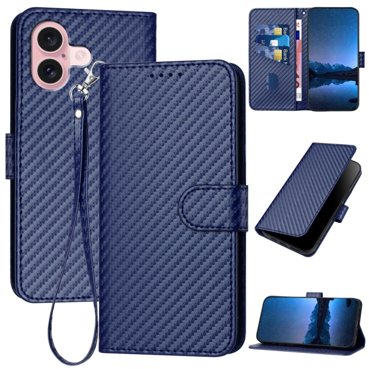 For iPhone 16 YX0070 Carbon Fiber Buckle Leather Phone Case with Lanyard(Royal Blue)